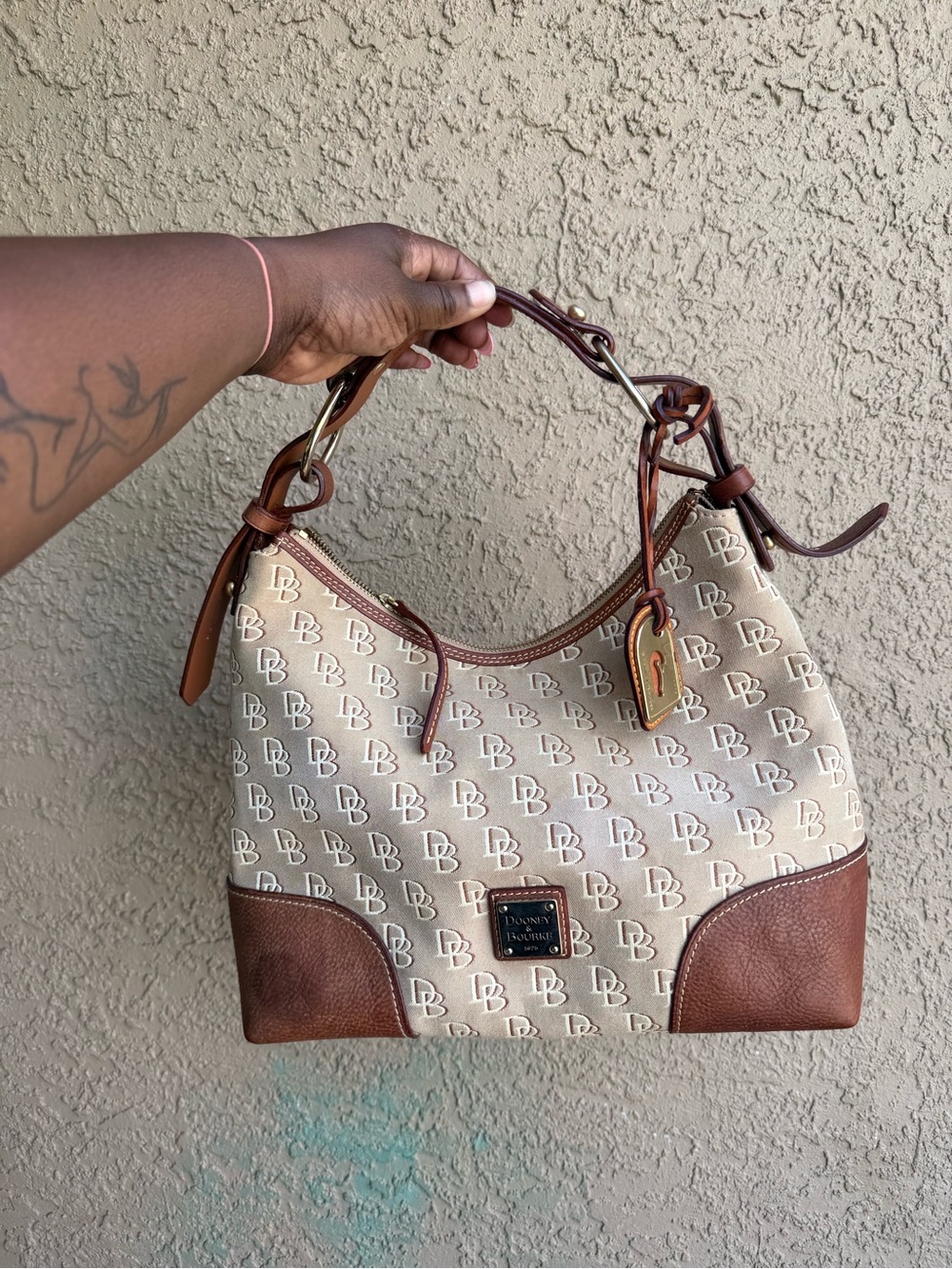 Dooney & Bourke Beige Canvas with Brown Leather Trim Shoulder Bag